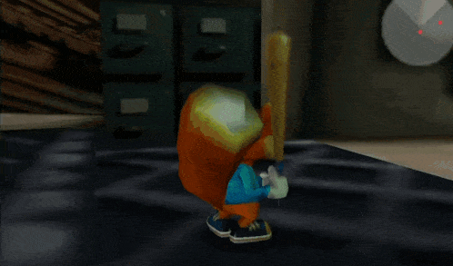 a cartoon squirrel is holding a gun and a baseball bat