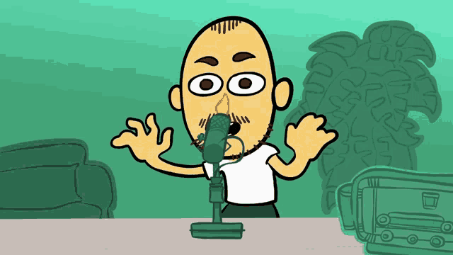 a cartoon drawing of a man talking into a microphone with a palm tree in the background