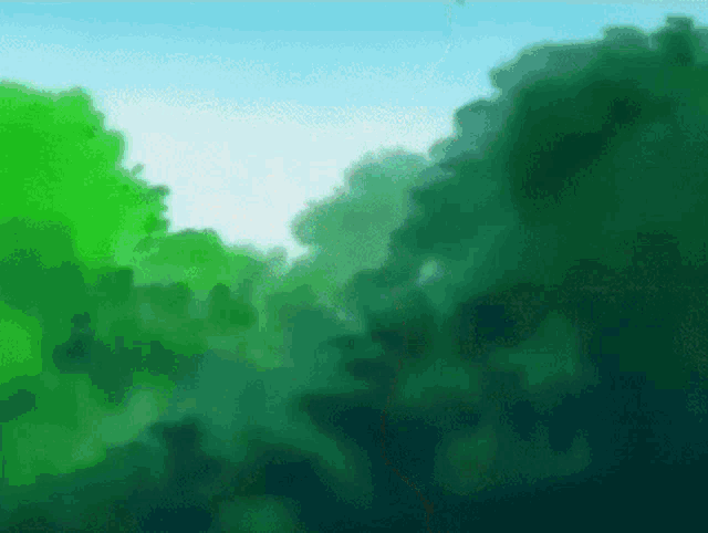 a painting of a forest with trees and a blue sky in the background
