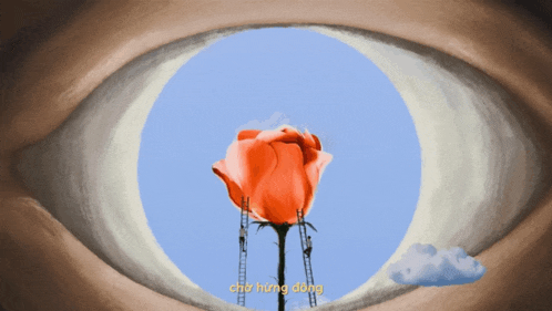 a painting of an eye with a red rose in it and the words " cho hung dong " below it