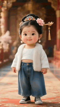 a little girl wearing a crown and a white jacket is standing in a room .