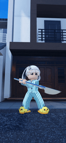 a girl in pajamas holding a sword in front of a house