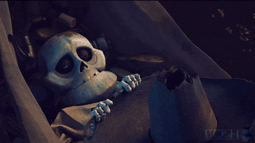 a cartoon skull is laying on a piece of cloth with the word bosfi on the bottom right