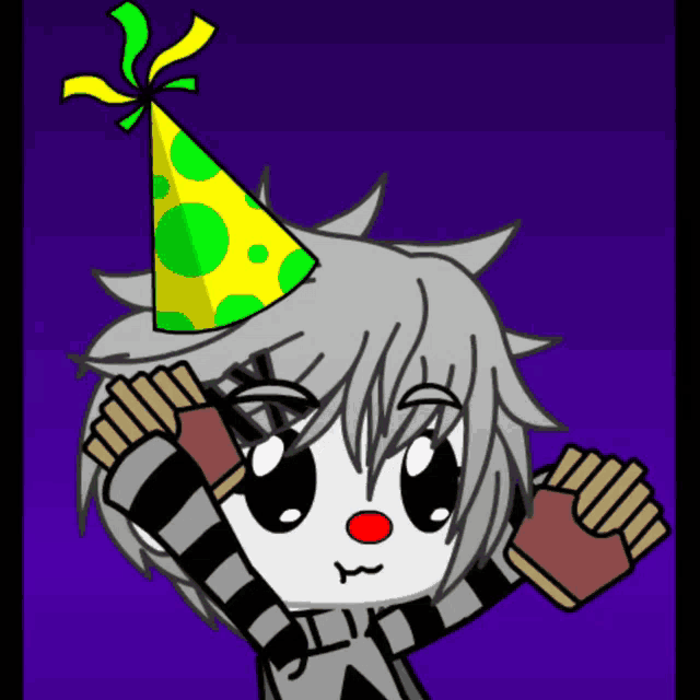 a cartoon character wearing a party hat and holding french fries