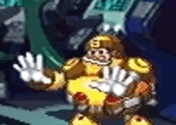 a pixel art of a monkey in a robot costume waving .