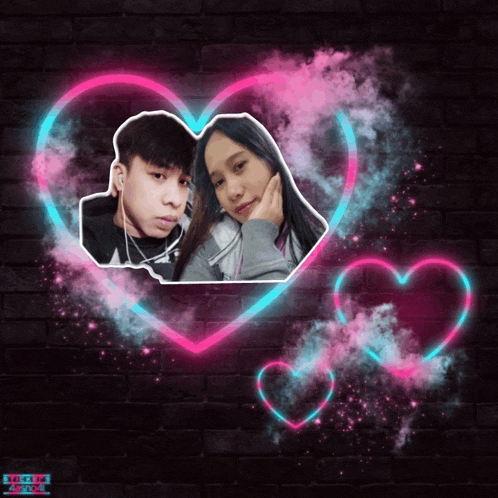 a picture of a boy and a girl in a heart shaped frame with neon hearts surrounding them