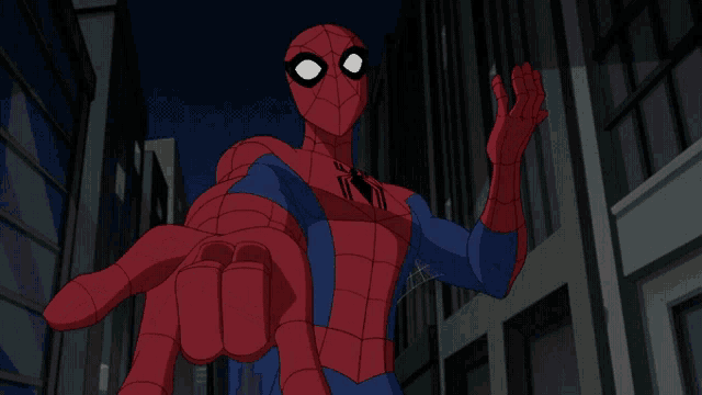a cartoon spider-man is standing in front of a building
