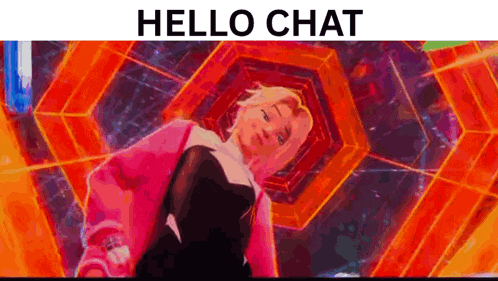 a woman in a pink jacket is standing in front of a colorful background with the words `` hello chat '' written above her .