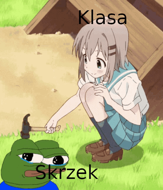 a cartoon of a girl kneeling down next to a frog with the words klasa skrzek above it