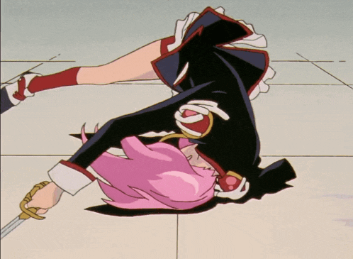 a cartoon character with pink hair is holding a sword and doing a handstand