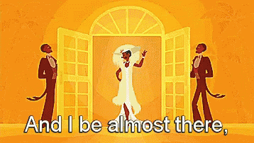 a cartoon of a bride and groom dancing with the words " and i be almost there "