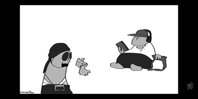 a black and white drawing of two cartoon characters with the number 30 on the bottom
