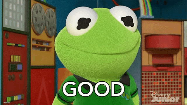 kermit the frog is smiling and says good