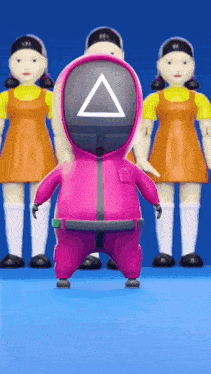 a cartoon character in a pink suit with a triangle on his face is standing in front of a group of dolls .
