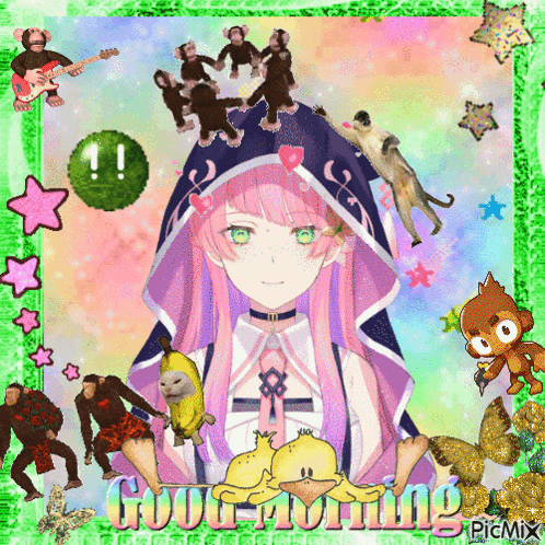 a girl with pink hair and green eyes is surrounded by monkeys and a duck and says good morning