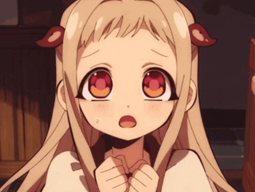 a girl with blonde hair and red eyes is looking at the camera with a surprised look on her face