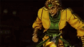 dio from jojo 's bizarre adventure is wearing a yellow jacket and a green shirt .