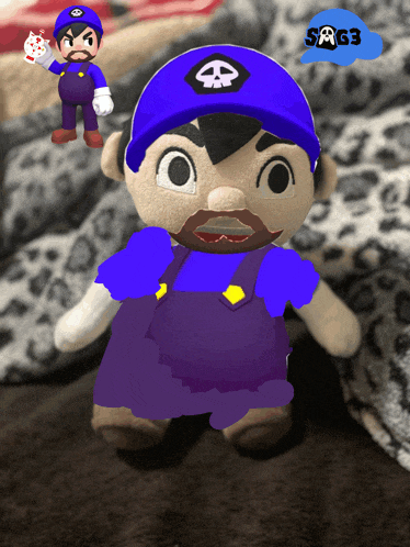 a stuffed mario with a skull on his hat and a smg3 logo