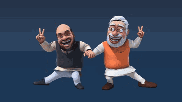a cartoon of two men holding hands and giving the peace sign