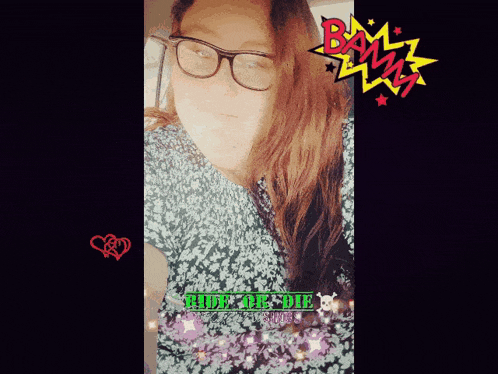 a woman wearing glasses and a shirt that says ride or die on the bottom