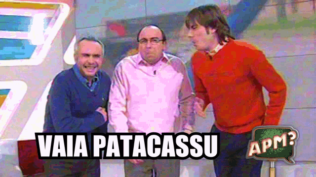 three men are standing next to each other with vaia patacasso written on the bottom right