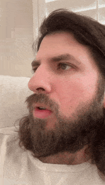 a man with long hair and a beard looks to the side