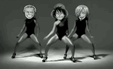 a black and white photo of three anime characters dancing together .