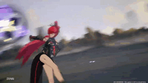a video game character with red hair and a purple object in the background