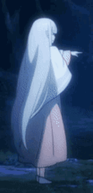 a girl with long white hair is standing in the dark