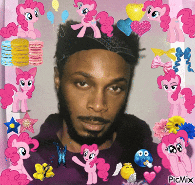 a man with a beard is surrounded by pink ponies and other cartoon characters including pinkie pie