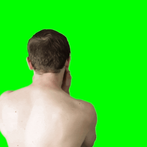 a shirtless man covering his ears with his hands on a green background