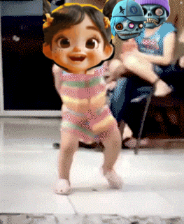 a pixelated image of a baby with a skull mask on her face