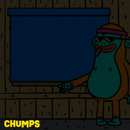 a cartoon of a chimpanzee standing in front of a window with gm written on it