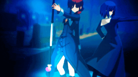 a couple of anime characters standing next to each other in a dark room