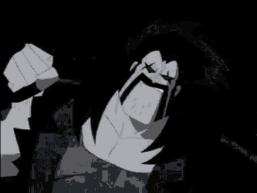 a cartoon character with a mustache and a beard is standing in the dark .