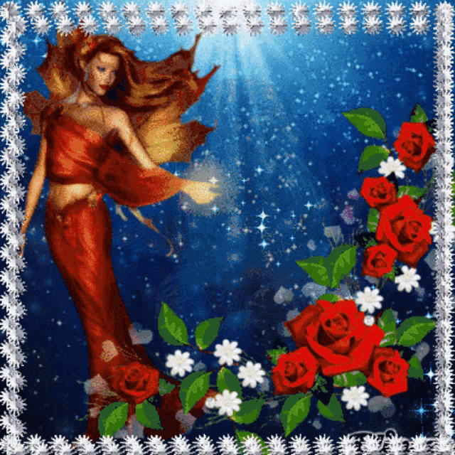 a fairy in a red dress is surrounded by red roses and white flowers