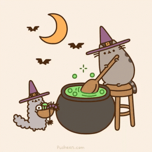 a cat in a witch hat is stirring a cauldron