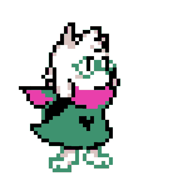a pixel art drawing of a sheep with glasses and a pink scarf .