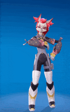 a cartoon character with red hair is standing in front of a blue backdrop