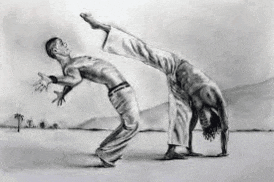 a black and white drawing of two men doing capoeira on the beach .