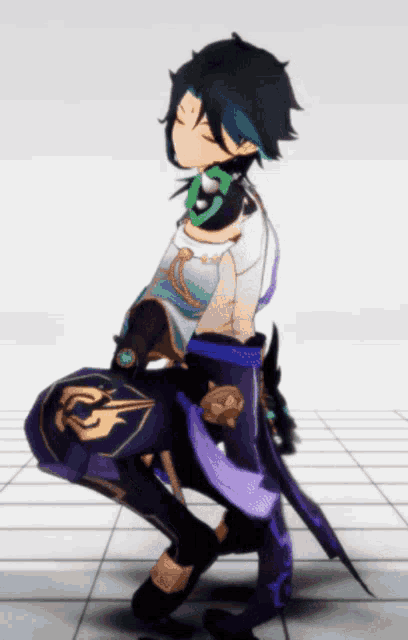 a character from a video game is kneeling down and looking down