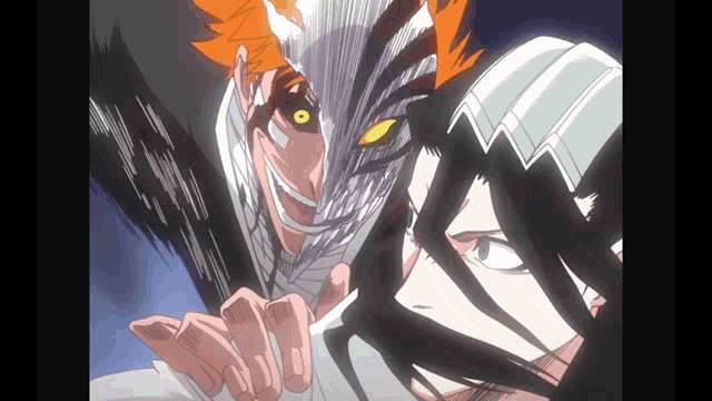 a couple of anime characters standing next to each other with one wearing a mask