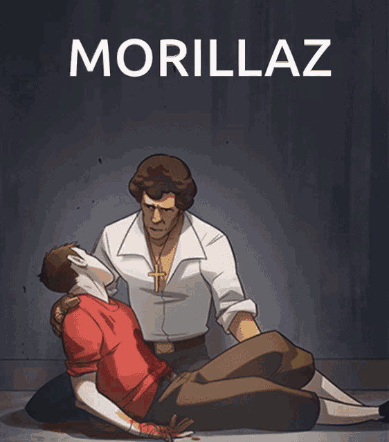 a poster for morillaz features a man laying on the ground