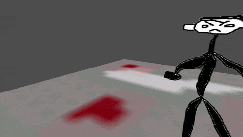 a stick figure with an angry face is standing in front of a bloody area