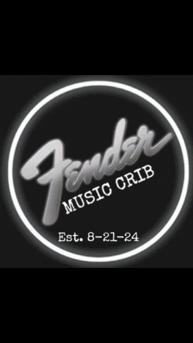 a logo for fender music crib is shown on a dark background