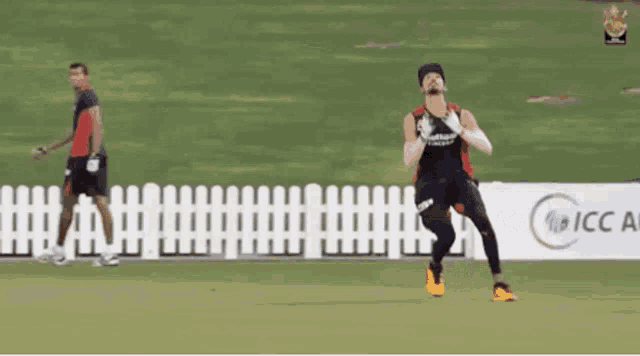 a cricket player is catching a ball in front of a sign that says icc academy .