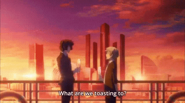 two men are standing next to each other on a balcony and talking about what they are toasting to .