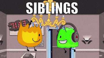 a cartoon of a fireball and a green object with headphones and the words siblings above them
