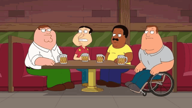 a group of cartoon characters sitting around a table with mugs that say beer