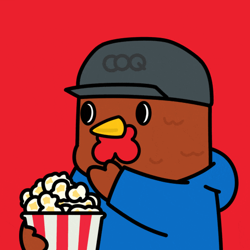 a cartoon character wearing a coq hat is holding a bag of popcorn